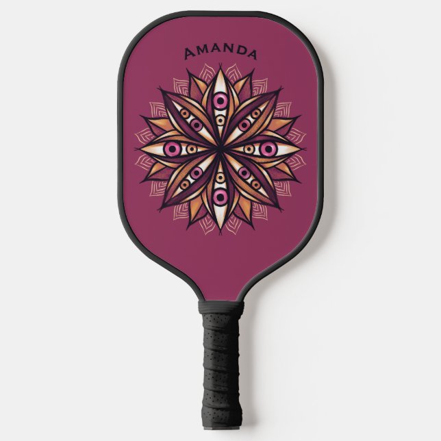 Psychedelischer Name Blume Kunst mit grauem Auge Pickleball Schläger (Vorderseite)