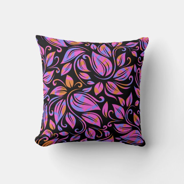 Psychedelischer Neon Pink Lila Orange Print Black Kissen (Vorderseite)