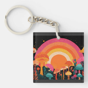 Psychedelischer Pilzsonnenuntergang – Retro-Fantas Schlüsselanhänger