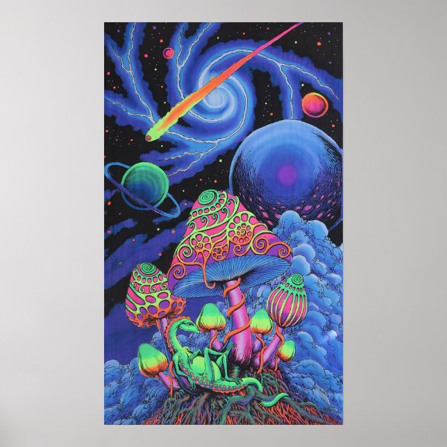 "Psychedelischer Pilzwahnsinn: Trippy Black Light Poster (Vorne)