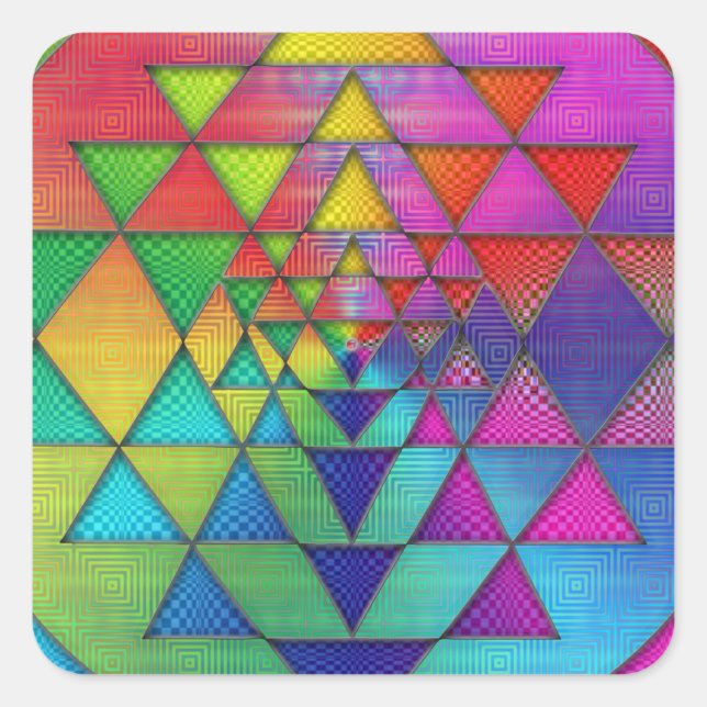 Psychedelischer Regenbogen Sri Yantra für Wohlstan Quadratischer Aufkleber (Vorderseite)