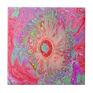 Psychedelischer Retro Coral Rainbow Hibiskus Fliese