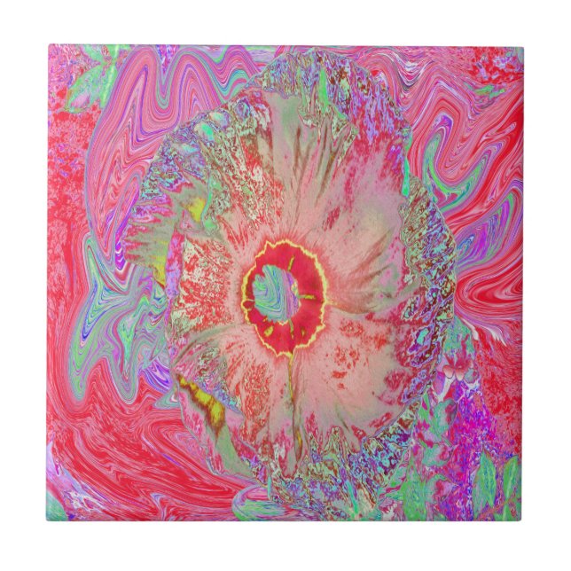 Psychedelischer Retro Coral Rainbow Hibiskus Fliese (Vorderseite)