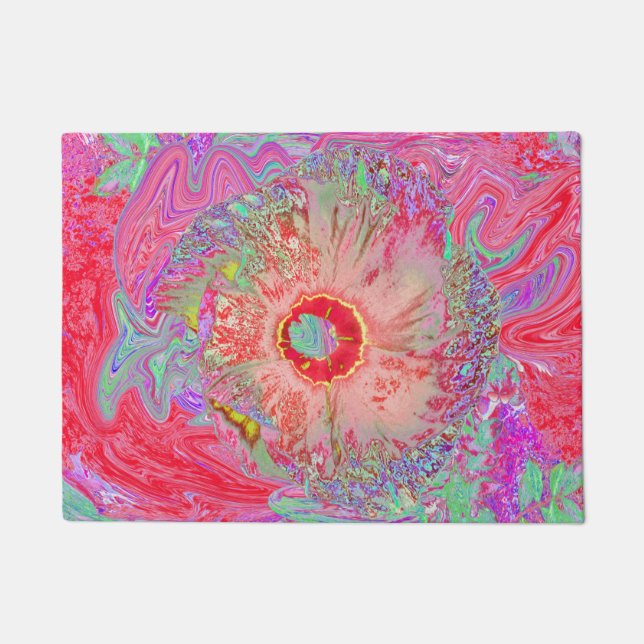 Psychedelischer Retro Coral Rainbow Hibiskus Fußmatte (Vorderseite)