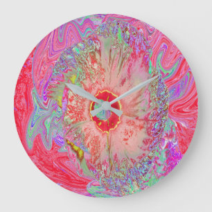 Psychedelischer Retro Coral Rainbow Hibiskus Große Wanduhr