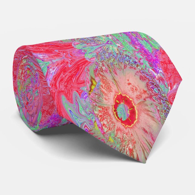 Psychedelischer Retro Coral Rainbow Hibiskus Krawatte (Gerollt)