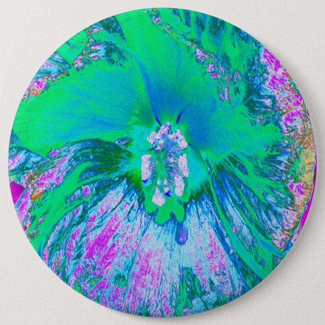 Psychedelischer Retro-Grün- und Hot-Pink-Hibisken Button (Vorderseite)