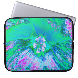 Psychedelischer Retro-Grün- und Hot-Pink-Hibisken Laptopschutzhülle