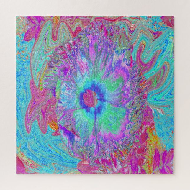 Psychedelischer Retro Rainbow Blue Hibiskus (Vertikal)
