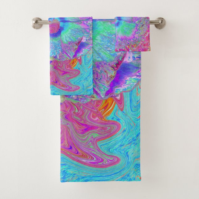 Psychedelischer Retro Rainbow Blue Hibiskus Badhandtuch Set (Insitu)
