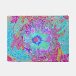 Psychedelischer Retro Rainbow Blue Hibiskus Fußmatte