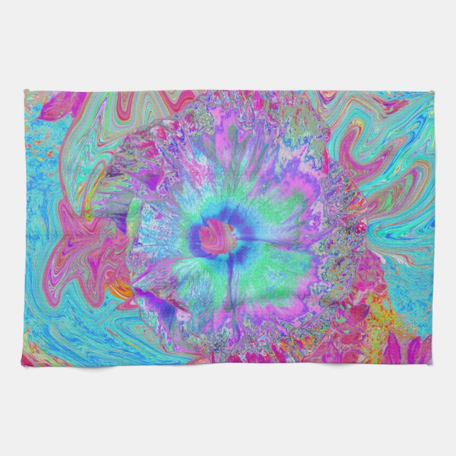Psychedelischer Retro Rainbow Blue Hibiskus Geschirrtuch (Horizontal)