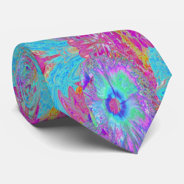 Psychedelischer Retro Rainbow Blue Hibiskus Krawatte (Gerollt)
