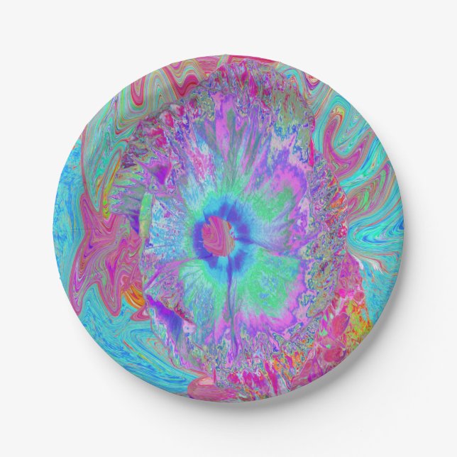 Psychedelischer Retro Rainbow Blue Hibiskus Pappteller (Vorderseite)