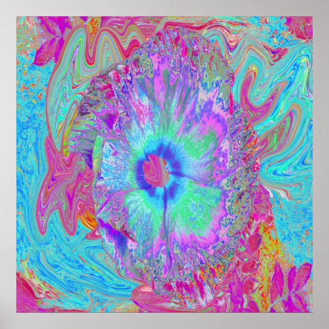 Psychedelischer Retro Rainbow Blue Hibiskus Poster (Vorne)