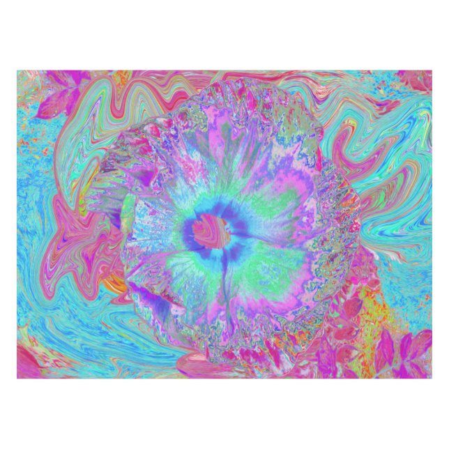 Psychedelischer Retro Rainbow Blue Hibiskus Tischdecke (Vorderseite (Horizontal))