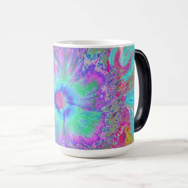 Psychedelischer Retro Rainbow Blue Hibiskus Verwandlungstasse (VorderseiteRechts)