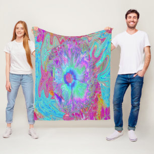Psychedelischer Retro-Regenbogen Blau Hibiskus Fleecedecke