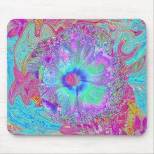 Psychedelischer Retro-Regenbogen Blau Hibiskus Mousepad