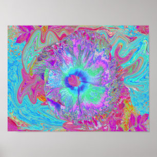 Psychedelischer Retro-Regenbogen Blauer Hibiskus Poster