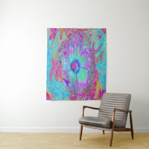Psychedelischer Retro-Regenbogen Blauer Hibiskus Wandteppich