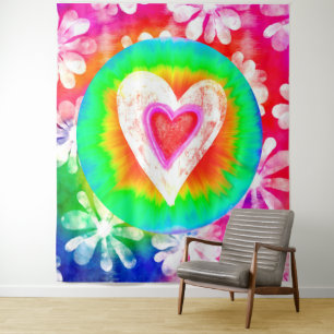 Psychedelischer Tie-Dye-Herz Wandteppich