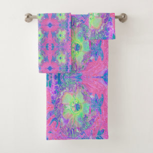 Psychedelischer Trippy Lime Green und Lila Hibisku Badhandtuch Set