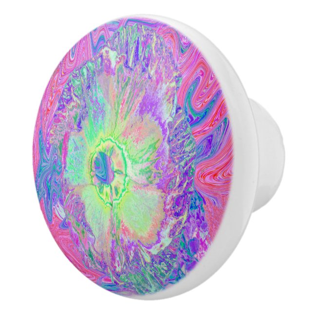 Psychedelischer Trippy Lime Green und Lila Hibisku Keramikknauf (Rechts)