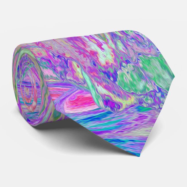 Psychedelischer Trippy Lime Green und Lila Hibisku Krawatte (Gerollt)