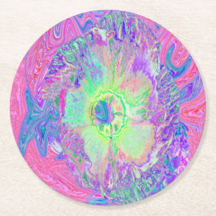 Psychedelischer Trippy Lime Green und Lila Hibisku Runder Pappuntersetzer