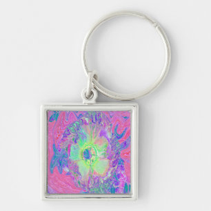 Psychedelischer Trippy Lime Green und Lila Hibisku Schlüsselanhänger