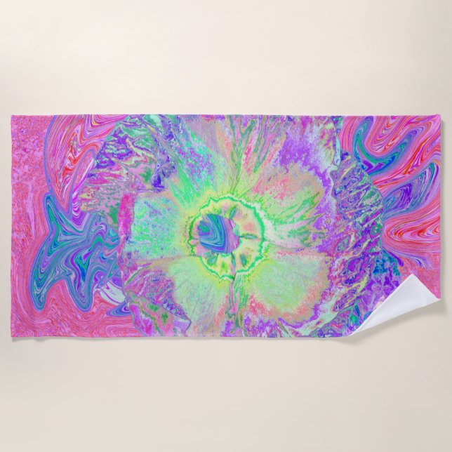 Psychedelischer Trippy Lime Green und Lila Hibisku Strandtuch (Vorderseite)