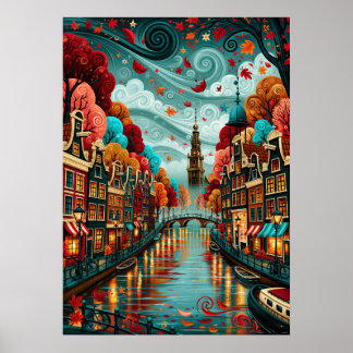 Psychedelisches Amsterdamer Kanal-Stadtbild Poster