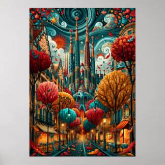 Psychedelisches Barcelona Sagrada Familia Stadtbil Poster