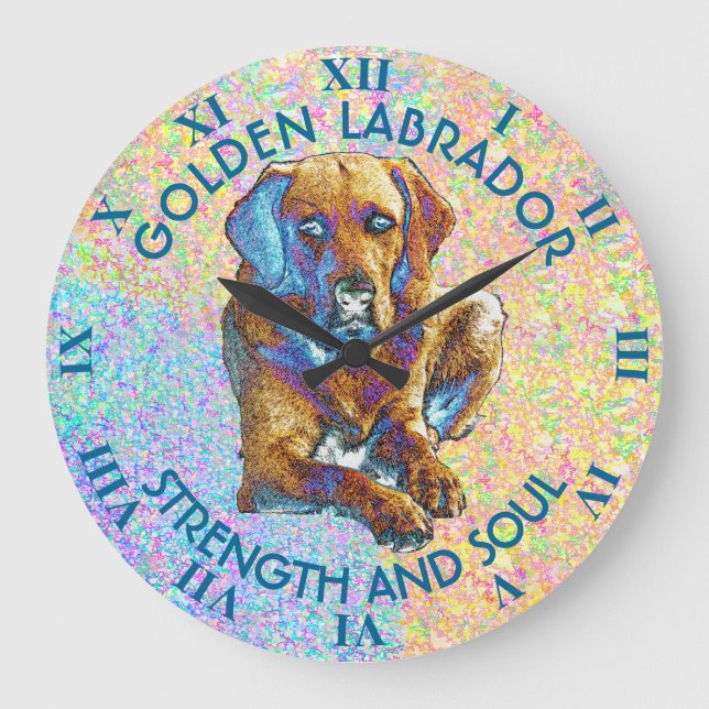 Psychedelisches goldenes Labrador retriever Große Wanduhr (Vorderseite)