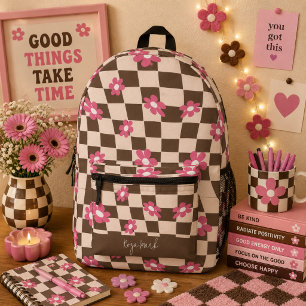 Psychedelisches Groovy-Blumen-Karo, Y2K 90er Bedruckter Rucksack