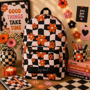 Psychedelisches Groovy-Blumen-Karomuster, Y2K 90er Bedruckter Rucksack