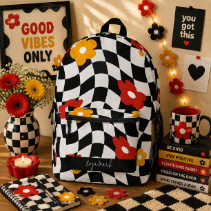 Psychedelisches Groovy-Blumen-Karomuster, Y2K 90er Bedruckter Rucksack