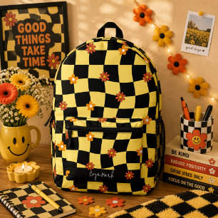Psychedelisches Groovy-Blumen-Karomuster, Y2K 90er Bedruckter Rucksack