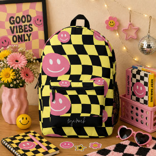 Psychedelisches Groovy Smiley Karomuster, Y2K 90er Bedruckter Rucksack