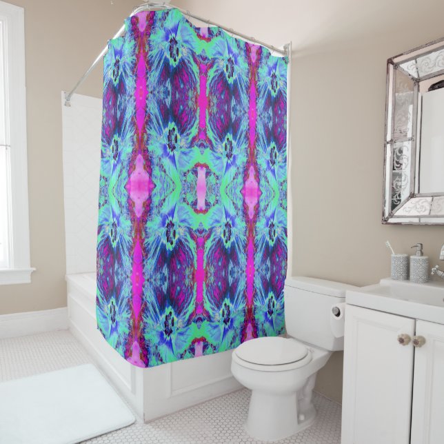 Psychedelisches Grün- und Blauer Hibiskus-Muster Duschvorhang (Beispiel)
