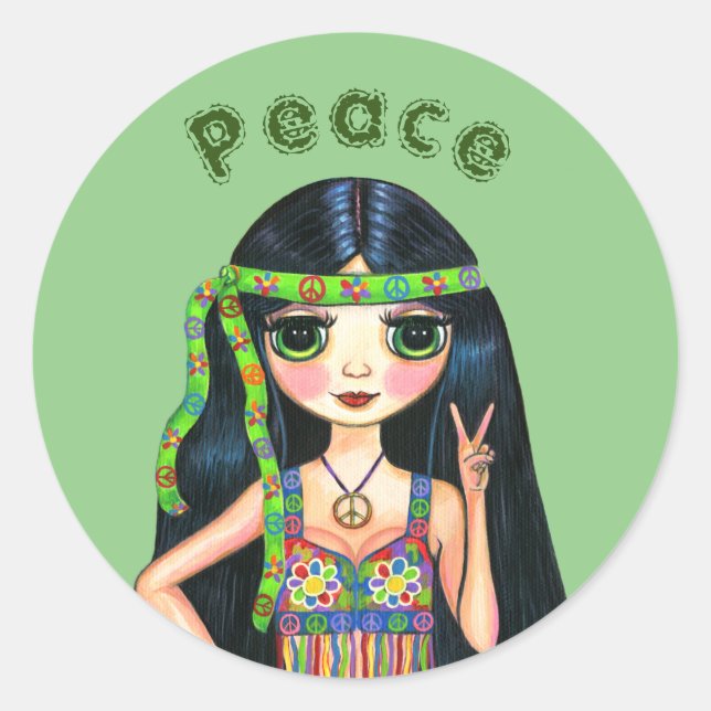 Psychedelisches Hippie Chick Peace Sign Headband 1 Runder Aufkleber (Vorderseite)