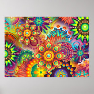 PSYCHEDELISCHES MANDALA BLUMEN ABSTRAKT   BOHO KUN POSTER