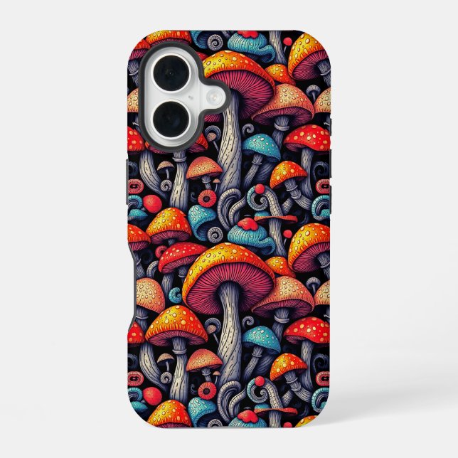 Psychedelisches Neon-Pilzmuster iPhone 16 Hülle (Rückseite)
