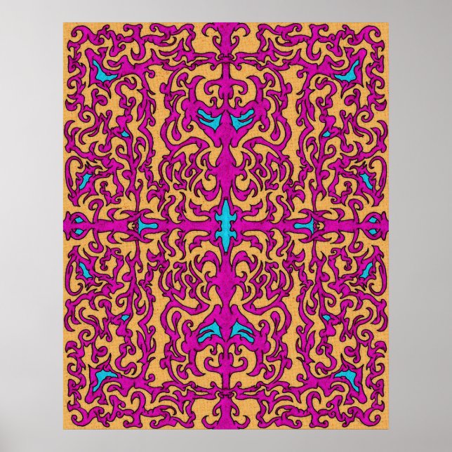 Psychedelisches Neon Pink Barock Geblüht Muster Poster (Vorne)
