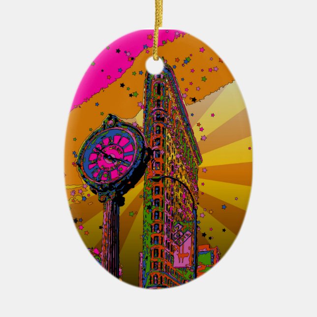Psychedelisches NYC: Flatiron Gebäude u. Uhr #2B Keramik Ornament (Vorne)