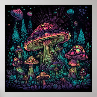 Psychedelisches Pilzglühen in Dunkelheit Poster