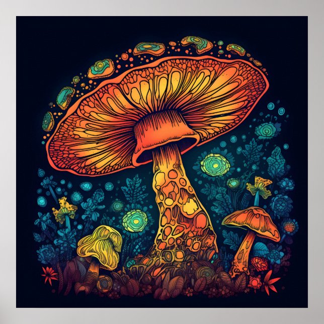 Psychedelisches Pilzglühen in Dunkelheit Poster (Vorne)