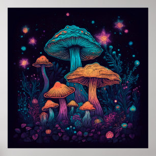 Psychedelisches Pilzglühen in dunklem Poster