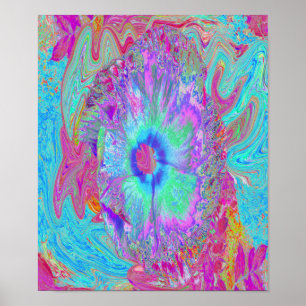Psychedelisches Retro-Regenbogen Blau Hibiskus Poster